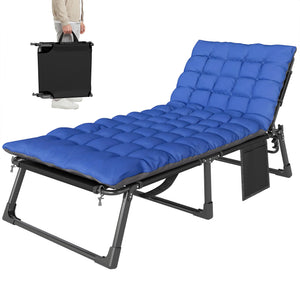 Lounge Chair Outdoor, 75 cm Wide Folding Chaise Lounge Tanning Chair, 5-Position Beach Patio Lounger Camping Cot Bed with Cushion, Side Pocket, Dark Grey/Blue