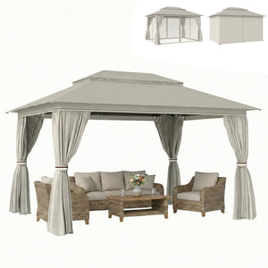 3 x 4 m Outdoor Garden Gazebo with Netting and Curtains, UPF50+ Double Roof Patio Gazebo Permanent Pavilion Canopy Shelter with Metal Frame, Drainage Holes, Beige