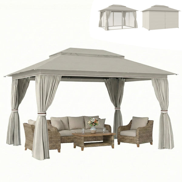 3 x 4 m Outdoor Garden Gazebo with Netting and Curtains, UPF50+ Double Roof Patio Gazebo Permanent Pavilion Canopy Shelter with Metal Frame, Drainage Holes, Beige