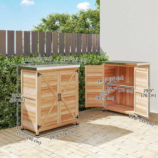 Garden Storage Cabinet, Outdoor Potting Bench Table with Metal Tabletop and Shelf, Wooden Tool Shed with Double Doors, Natural