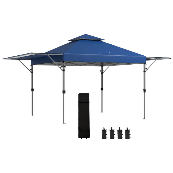 3 x 3(m) Pop Up Gazebo with Extend Dual Awnings, 1 Person Easy up Marquee Party Tent with 1-Button Push, Double Roof, Wheeled Bag, Sandbags, Height Adjustable Instant Shelter, Blue