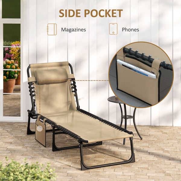 Folding Lounge Chair, Reclining Tanning Chair, Portable Sun Lounger with Adjustable Backrest and Removable Pillow for Patio, Garden, Beach, Beige