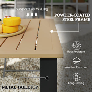 Garden Dining Table for 6 Person with Parasol Hole, Rectangle Outdoor Garden Table with Slatted Metal Tabletop, Steel Frame for Patio, Balcony, 150 x 90 x 73 cm, Brown