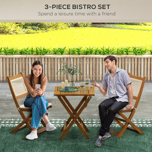 Outsunny 3 Pieces Wicker Outdoor Bistro Set, Folding Rattan Patio Furniture Set with Acacia Wood Coffee Table and Porch Chairs for Backyard, Balcony, Garden, Light Teak