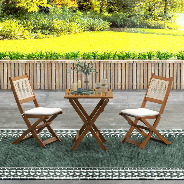 Outsunny 3 Pieces Wicker Outdoor Bistro Set, Folding Rattan Patio Furniture Set with Acacia Wood Coffee Table and Porch Chairs for Backyard, Balcony, Garden, Light Teak