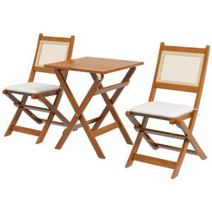 Outsunny 3 Pieces Wicker Outdoor Bistro Set, Folding Rattan Patio Furniture Set with Acacia Wood Coffee Table and Porch Chairs for Backyard, Balcony, Garden, Light Teak