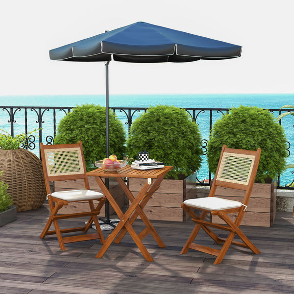 Outsunny 3 Pieces Wicker Outdoor Bistro Set, Folding Rattan Patio Furniture Set with Acacia Wood Coffee Table and Porch Chairs for Backyard, Balcony, Garden, Light Teak