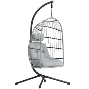 Hanging Egg Chair, Indoor Outdoor Hammock Swing Chair with Stand, Safety Strap, Foldable Basket, Thick Cushions, Headrest, Adjustable Height, Metal Frame for Garden Balcony, Light Grey