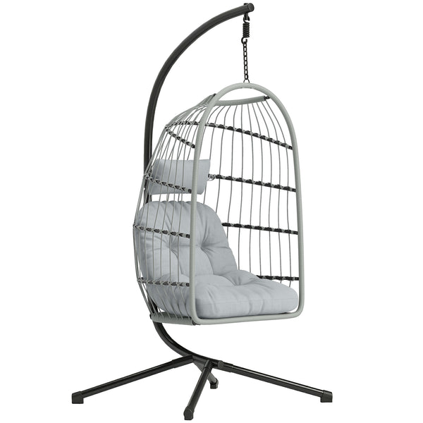 Hanging Egg Chair, Indoor Outdoor Hammock Swing Chair with Stand, Safety Strap, Foldable Basket, Thick Cushions, Headrest, Adjustable Height, Metal Frame for Garden Balcony, Light Grey