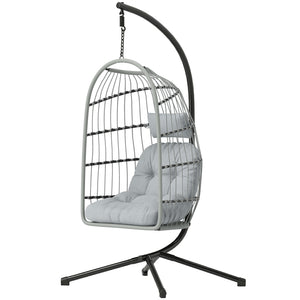 Hanging Egg Chair, Indoor Outdoor Hammock Swing Chair with Stand, Safety Strap, Foldable Basket, Thick Cushions, Headrest, Adjustable Height, Metal Frame for Garden Balcony, Light Grey