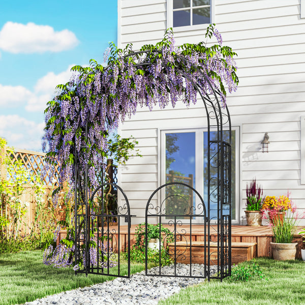 7.4ft Steel Garden Arch with Gate, Garden Arbor Trellis for Climbing Plants, Roses, Vines, Wedding Arch Stand for Outdoor, Garden, Lawn, Backyard, Black