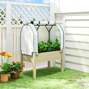 Raised Garden Bed with PE Greenhouse Cover Outdoor Elevated Wood Planter Box for Herbs and Vegetables, Use for Patio, Backyard, Balcony, 35 x 22 x 47 inch, Natural