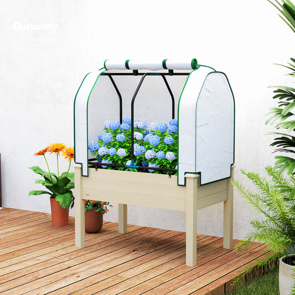 Raised Garden Bed with PE Greenhouse Cover Outdoor Elevated Wood Planter Box for Herbs and Vegetables, Use for Patio, Backyard, Balcony, 35 x 22 x 47 inch, Natural