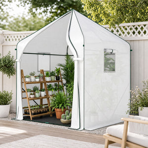 63" x 63" x 78.7" Mini Greenhouse for Outdoors with Roll-up Door and 3 Mesh Windows, Large Plant House with PE Cover and Reinforced Steel Frame, White