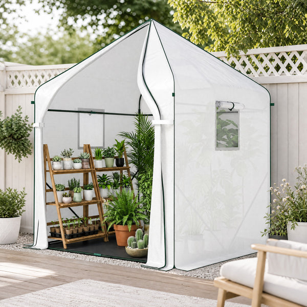 63" x 63" x 78.7" Mini Greenhouse for Outdoors with Roll-up Door and 3 Mesh Windows, Large Plant House with PE Cover and Reinforced Steel Frame, White