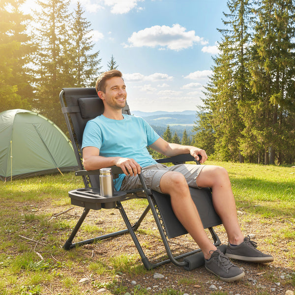 Zero Gravity Lounger Chair, Padded Folding Reclining Patio Chair with Cup Holder, Detachable Headrest, Extra Wide Seat, 400 LBS Capacity for Pool, Camping, Dark Grey