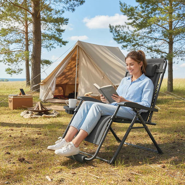 Zero Gravity Lounger Chair, Padded Folding Reclining Patio Chair with Cup Holder, Detachable Headrest, Extra Wide Seat, 400 LBS Capacity for Pool, Camping, Dark Grey