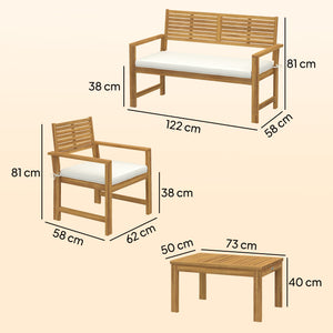 4 Seater Wooden Garden Furniture Set with Loveseat, 2 Armchairs, Wood-Top Table, Acacia Wood Garden Sofa Set with Cushions, Outdoor Furniture Conversation Sets, Cream White