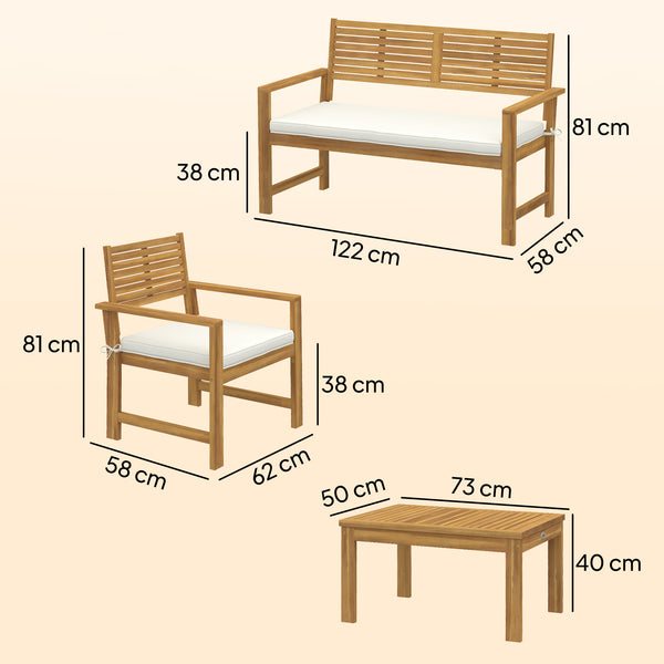 4 Seater Wooden Garden Furniture Set with Loveseat, 2 Armchairs, Wood-Top Table, Acacia Wood Garden Sofa Set with Cushions, Outdoor Furniture Conversation Sets, Cream White