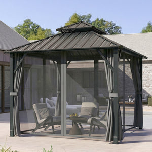 3 x 3(m) Hardtop Gazebo Canopy with Double Metal Roof, Waterproof Permanent Pavilion Garden Gazebo with Netting and Curtains, Easy to Assemble, Grey