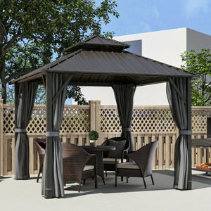 3 x 3(m) Hardtop Gazebo Canopy with Double Metal Roof, Waterproof Permanent Pavilion Garden Gazebo with Netting and Curtains, Easy to Assemble, Grey