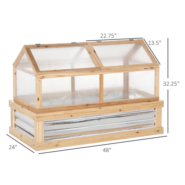 Outsunny Raised Garden Bed with Polycarbonate Greenhouse, Wooden Garden Cold Frame Greenhouse, Flower Planter Protection, 48" x 24" x 32", Natural