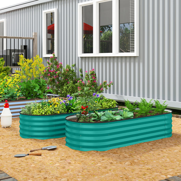 Set of 2 Raised Beds for Garden, Outdoor Galvanised Planter Box with Plant Support Stakes, Rubber Strap Edging and Bottomless for Flower, Vegetable, 150 x 60 x 30 cm, Green