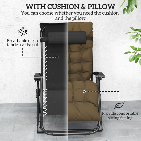Reclining Zero Gravity Chair with Adjustable Backrest, Folding Garden Sun Lounger, Outdoor Recliner with Removable Cushion and Headrest, Khaki