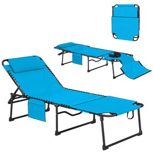 Folding Chaise Lounge with 5-level Reclining Back, Tanning Chair with Face Hole, Outdoor Lounge Chair with Side Pocket & Headrest for Beach, Yard, Patio, Blue