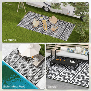 Outsunny Reversible Outdoor Rug, 9' x 18' Waterproof Plastic Straw Floor Mat, Portable RV Camping Carpet, Large Floor Mat for Backyard, Deck, Picnic, Beach, Black & White Chain