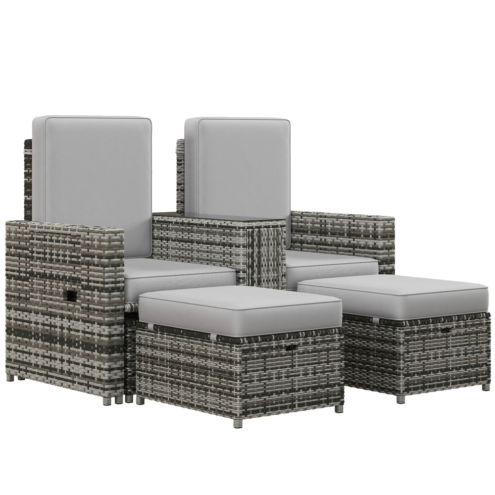 5PC PE Rattan Sun Lounger, Outdoor Wicker 5-level Adjustable Recliner Sofa Bed with Storage Side Table and Footstools, for Patio, Garden, Poolside, Grey