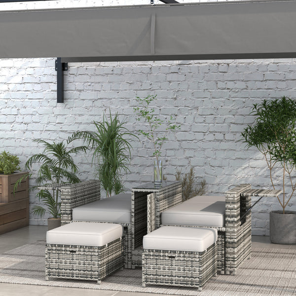 5PC PE Rattan Sun Lounger, Outdoor Wicker 5-level Adjustable Recliner Sofa Bed with Storage Side Table and Footstools, for Patio, Garden, Poolside, Grey