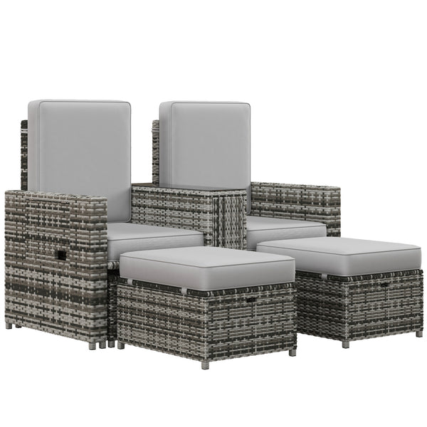 5PC PE Rattan Sun Lounger, Outdoor Wicker 5-level Adjustable Recliner Sofa Bed with Storage Side Table and Footstools, for Patio, Garden, Poolside, Grey