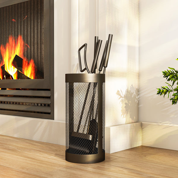 Fireplace Tools Set 5 Pieces Metal Fire Place Kit, Outdoor Indoor Fireside Accessories with Brush, Shovel, Poker, A Pair of Tongs, Mesh Basket, Black