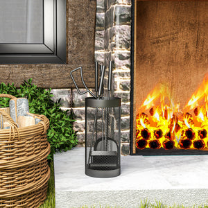 Fireplace Tools Set 5 Pieces Metal Fire Place Kit, Outdoor Indoor Fireside Accessories with Brush, Shovel, Poker, A Pair of Tongs, Mesh Basket, Black