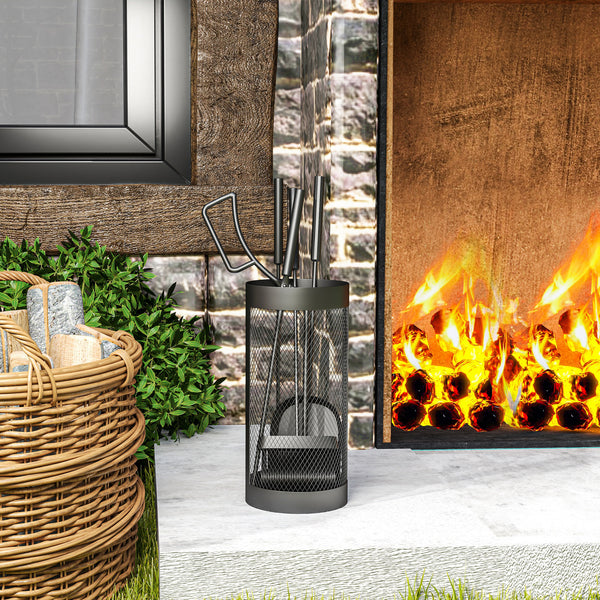 Fireplace Tools Set 5 Pieces Metal Fire Place Kit, Outdoor Indoor Fireside Accessories with Brush, Shovel, Poker, A Pair of Tongs, Mesh Basket, Black
