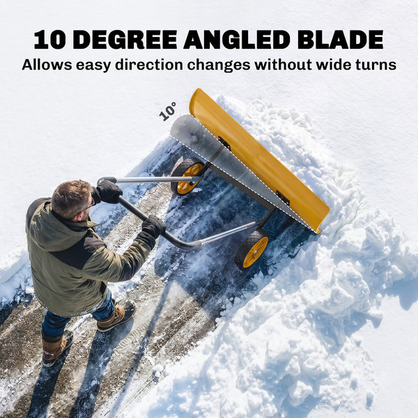 37-Inch Extra Wide Snow Shovel with Wheels, Heavy Duty Aluminum Snow Pusher with Ergonomic Adjustable Handle, Angled Blade and Non-Slip Grip for Driveway, Sidewalks, Garden, Deck, Yellow