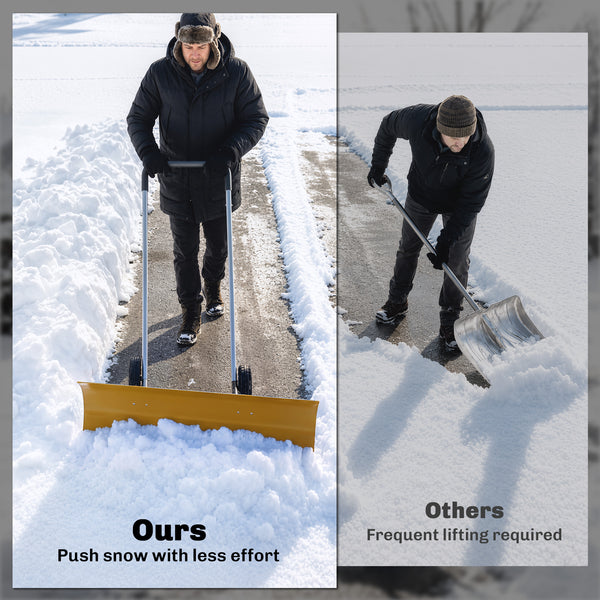 37-Inch Extra Wide Snow Shovel with Wheels, Heavy Duty Aluminum Snow Pusher with Ergonomic Adjustable Handle, Angled Blade and Non-Slip Grip for Driveway, Sidewalks, Garden, Deck, Yellow