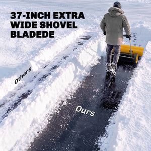 37-Inch Extra Wide Snow Shovel with Wheels, Heavy Duty Aluminum Snow Pusher with Ergonomic Adjustable Handle, Angled Blade and Non-Slip Grip for Driveway, Sidewalks, Garden, Deck, Yellow