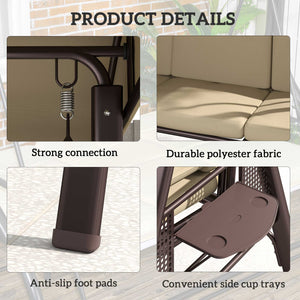 3 Seater Canopy Swing Chair, Outdoor Garden Swing Seat with Adjustable Canopy, Cushions and Cup Trays, Steel Frame, Brown