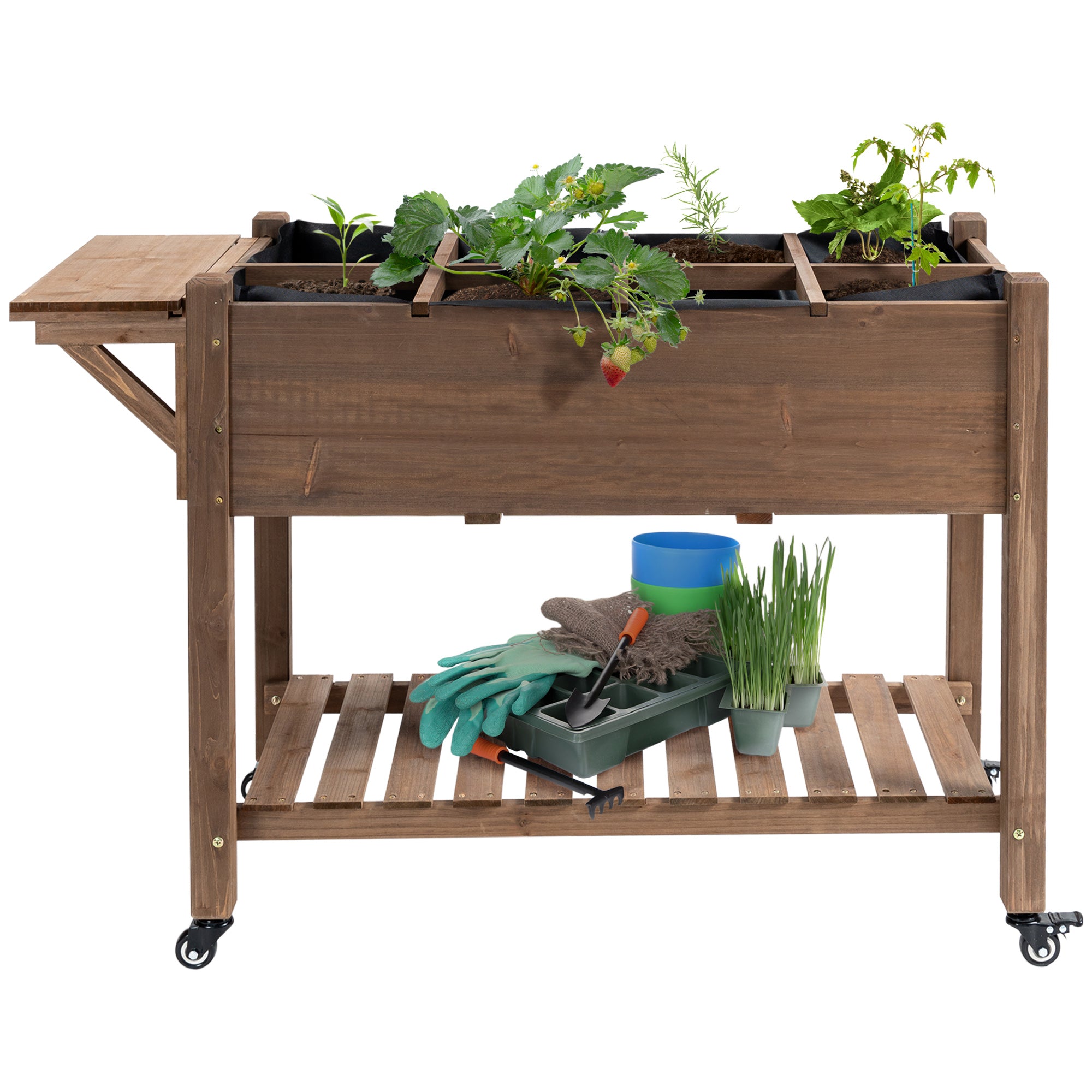 Outsunny Elevated Garden Bed with 8 Grow Grids, with Storage Shelf