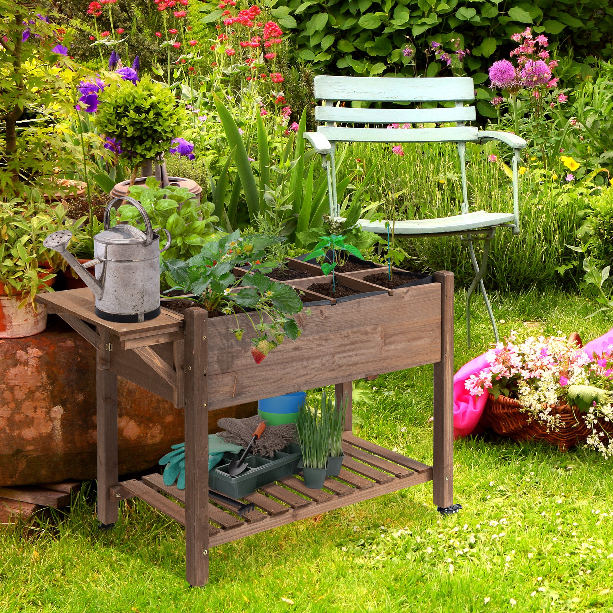 Outsunny Elevated Garden Bed with 8 Grow Grids, with Storage Shelf