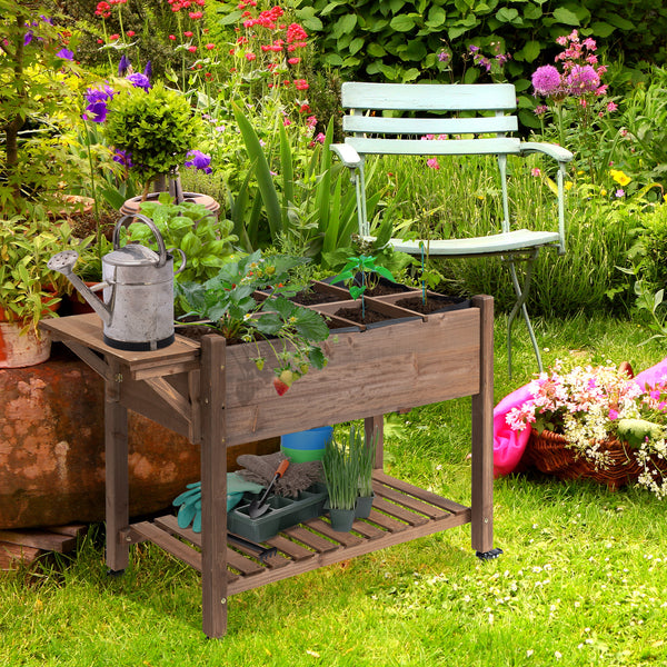 Outsunny Raised Garden Bed with 8 Grow Grids, Wooden Outdoor Plant Box Stand with Folding Side Table and Wheels, 49" x 21" x 34", for Vegetables, Flowers, Herbs, Brown