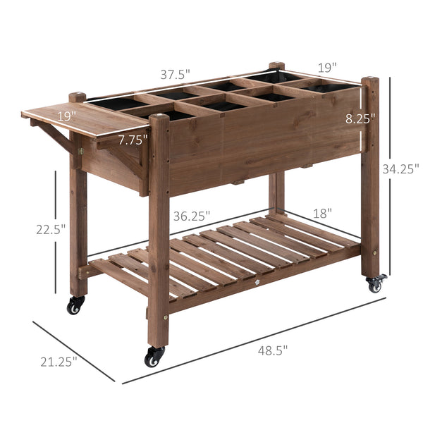 Outsunny Raised Garden Bed with 8 Grow Grids, Wooden Outdoor Plant Box Stand with Folding Side Table and Wheels, 49" x 21" x 34", for Vegetables, Flowers, Herbs, Brown