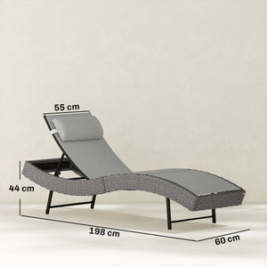 Rattan Sun Lounger, 5 Position Adjustable Garden Lounger Recliner with S Shaped Texteline Seat and Headrest, Reclining Outdoor Sunbed with Metal Frame for Patio, Terrace, Light Grey