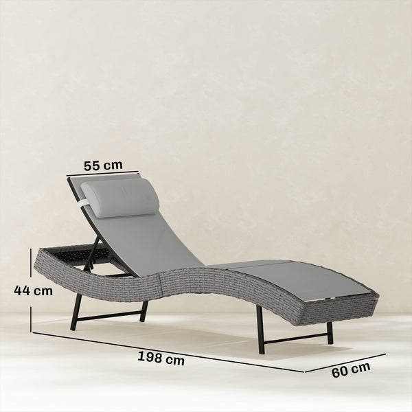 Rattan Sun Lounger, 5 Position Adjustable Garden Lounger Recliner with S Shaped Texteline Seat and Headrest, Reclining Outdoor Sunbed with Metal Frame for Patio, Terrace, Light Grey