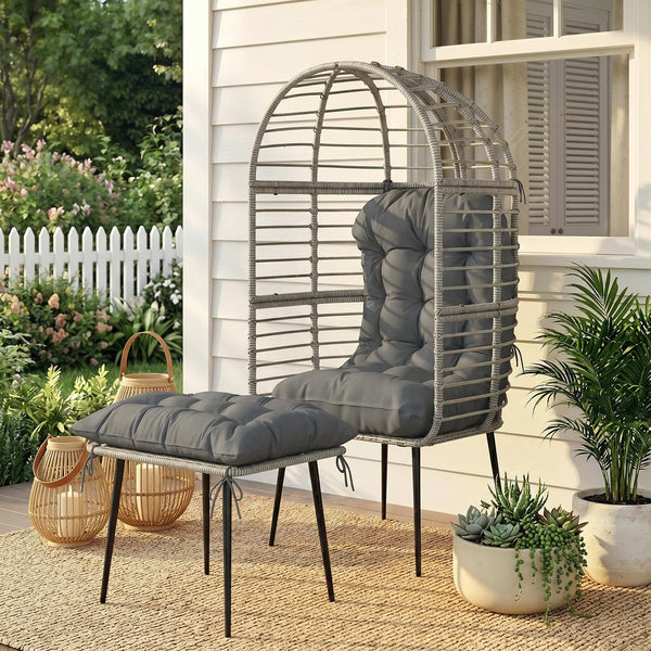 Standing Garden Egg Chair with Footstool, PE Rattan Outdoor Lounge Chair and Ottoman Set with Thick Cushions, Indoor Outdoor Egg Basket Seating for Patio Balcony Porch, Light Grey