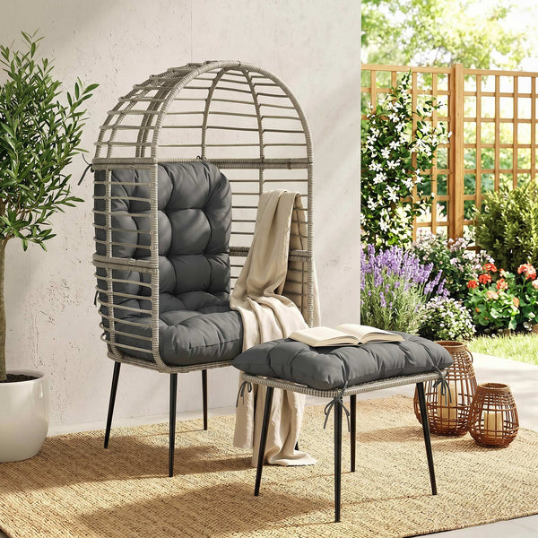 Standing Garden Egg Chair with Footstool, PE Rattan Outdoor Lounge Chair and Ottoman Set with Thick Cushions, Indoor Outdoor Egg Basket Seating for Patio Balcony Porch, Light Grey