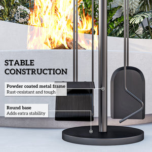 Fireplace Tools Set 5 Pieces Metal Fire Place Kit, Outdoor Indoor Fireside Accessories with Brush, Shovel, Poker, A Pair of Tongs, Stand, Black