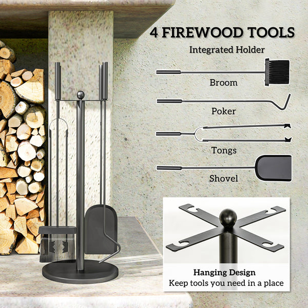 Fireplace Tools Set 5 Pieces Metal Fire Place Kit, Outdoor Indoor Fireside Accessories with Brush, Shovel, Poker, A Pair of Tongs, Stand, Black